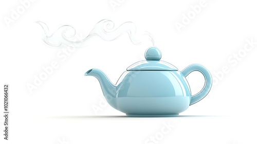 Blue Teapot with Steam on White Background Kitchenware Home Decor Tea Time Breakfast