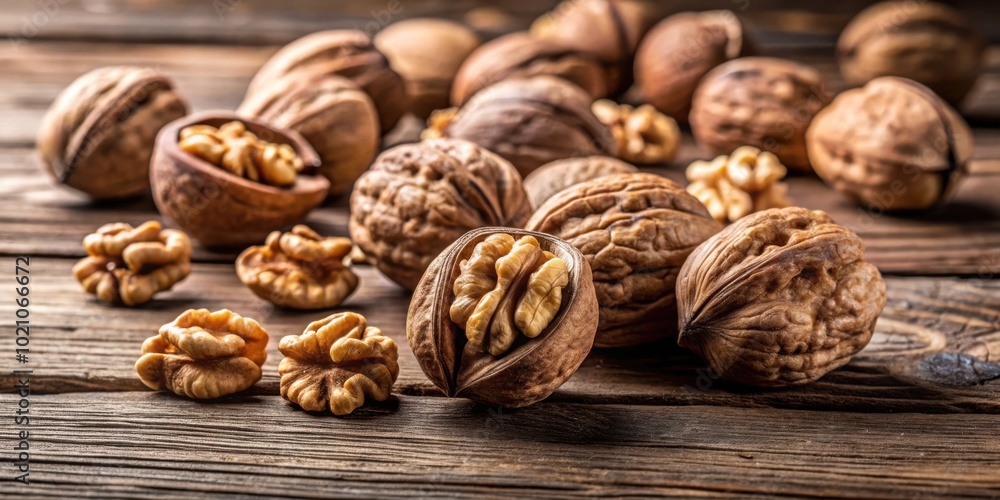 A close-up image of walnuts scattered on a rustic wooden surface, showcasing the natural beauty and texture of these healthy nuts. A close-up image of walnuts scattered on a rustic wooden surface, showcasing the natural beauty and texture of these healthy nuts.