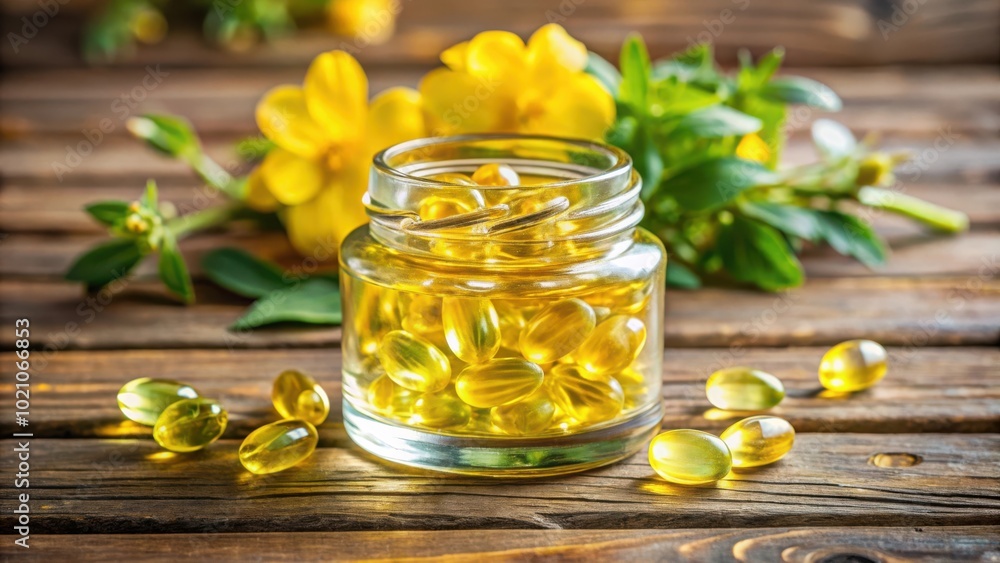 A glass jar filled with golden capsules of natural oil extracted from flowering plant, surrounded by green leaves and yellow petals on rustic wooden surface A glass jar filled with golden capsules of natural oil extracted from flowering plant, surrounded by green leaves and yellow petals on rustic wooden surface