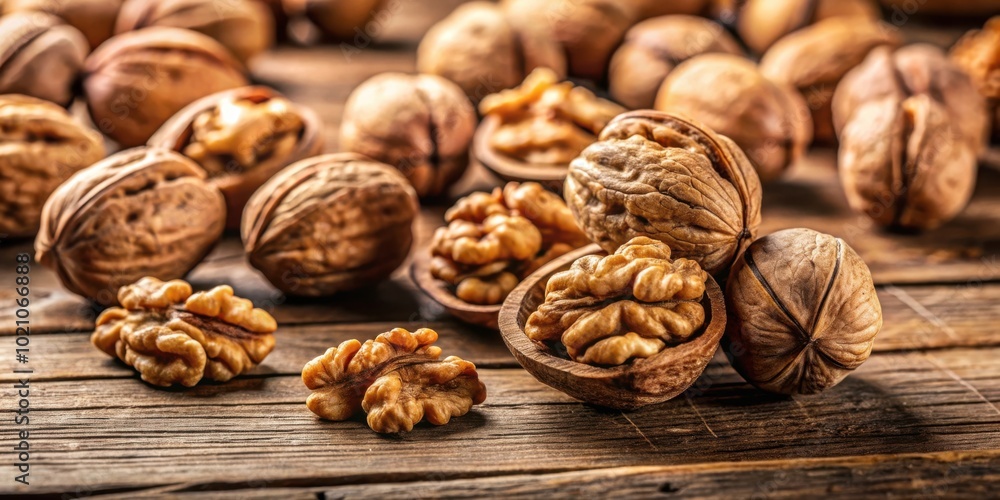 A Close-Up View of Whole and Broken Walnuts Scattered on a Rustic Wooden Surface A Close-Up View of Whole and Broken Walnuts Scattered on a Rustic Wooden Surface