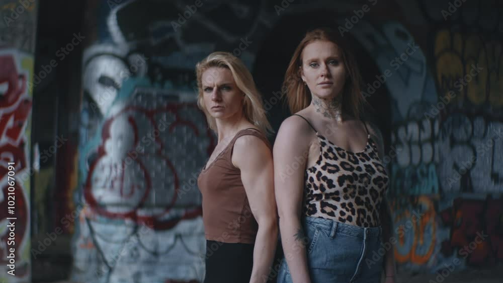 Confident Women With Intense Looks Against Graffiti Backdrop Confident Women With Intense Looks Against Graffiti Backdrop