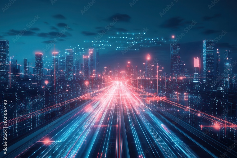 Fototapeta premium Futuristische Stadt Skyline Cyberpunk Nachtansicht Smart City Konzept Moderne Fahrzeuge Vernetzte Infrastruktur Drohnenverkehr Hightech Verkehrswege Beleuchtete Stadt Digitales Stadtbild Zukunftstechn