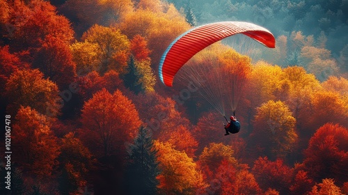 A breathtaking view of a paragliding adventure over vibrant autumn foliage, showcasing nature's beauty and thrill of flight.