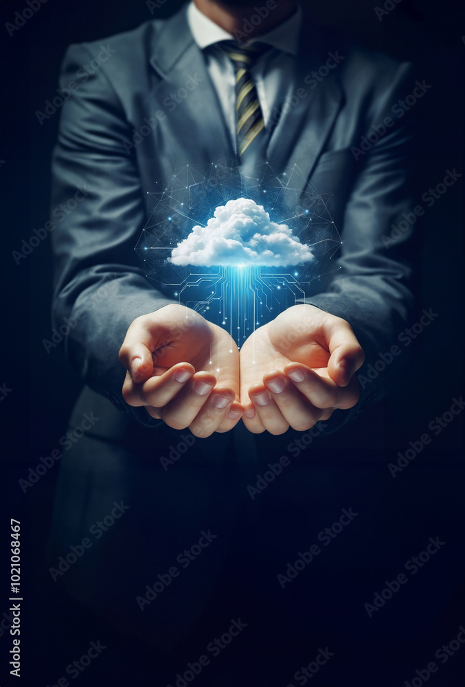 man in suit with open hands under a cloud with data flowing, cloud computing concept man in suit with open hands under a cloud with data flowing, cloud computing concept