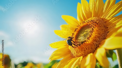Close-up of a bee pollinating a vibrant sunflower under a clear blue sky.