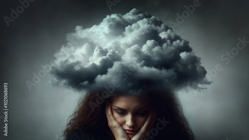 woman with a dark cloud covering her head