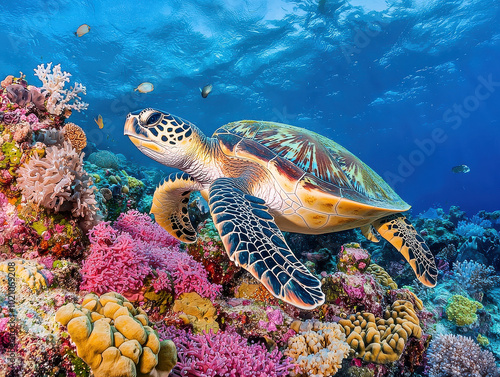 A majestic sea turtle gracefully navigates through a vibrant underwater world of colorful coral reefs and clear blue waters, showcasing marine biodiversity.