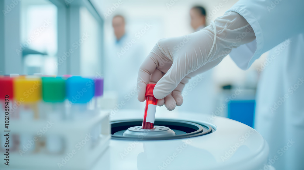 Close-up of a gloved hand placing a blood sample into a centrifuge in a laboratory setting. Laboratory Technician Handling Blood Sample in Centrifuge. Medical Diagnostic Procedure Close-up of a gloved hand placing a blood sample into a centrifuge in a laboratory setting. Laboratory Technician Handling Blood Sample in Centrifuge. Medical Diagnostic Procedure