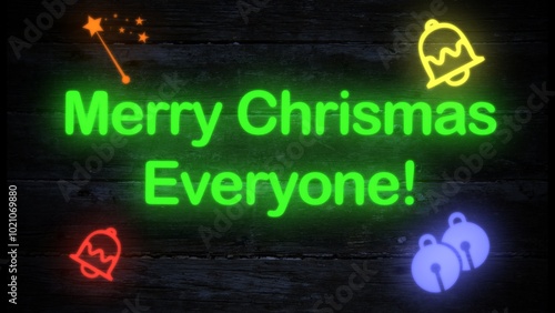 Φωτογραφία merry christmas everyone neon effect sign on a dark wood background