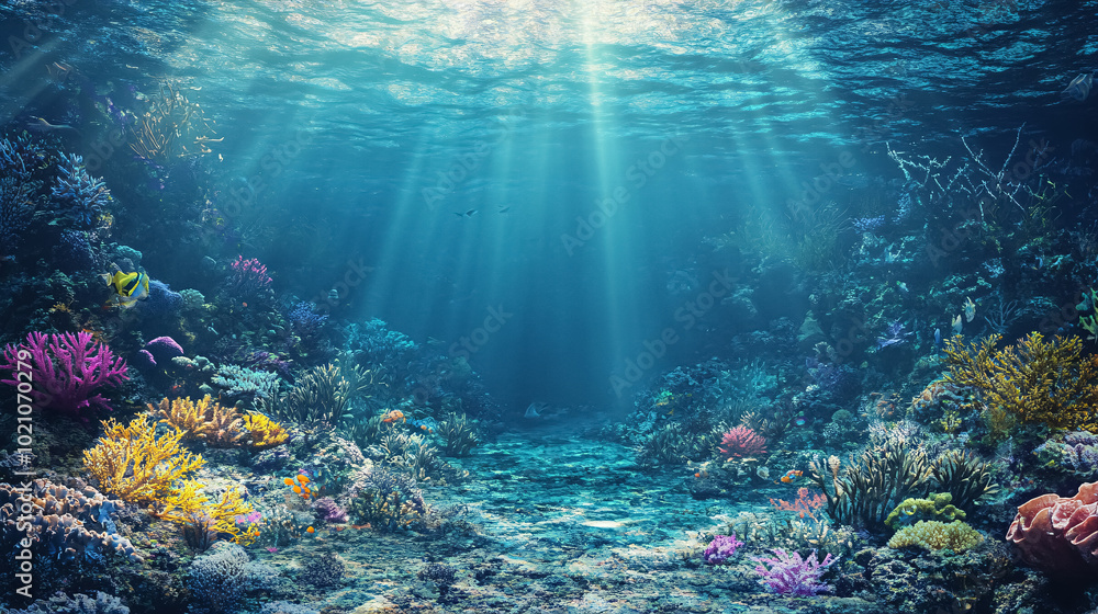 Fototapeta premium Sea Deep or Ocean Underwater with Coral Reef as a Background: A view of the deep sea or underwater ocean featuring a vibrant coral reef, ideal for marine-themed backgrounds.