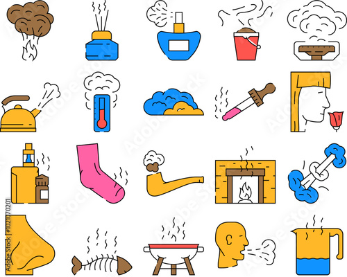 smell nose aroma odor icons set vector. sense gas, air line, smoke cloud, fragrance fresh, bad loss, anosmia fart, woman smell nose aroma odor color Contour Illustrations