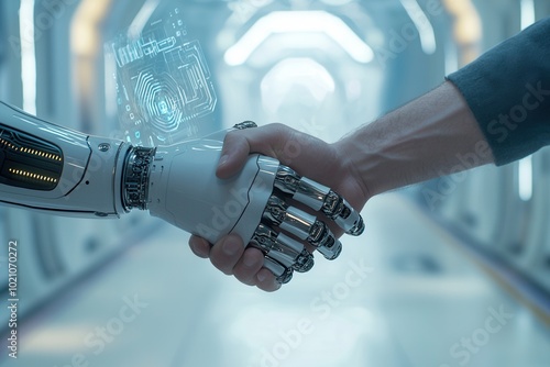 Mensch Roboter Handschlag Künstliche Intelligenz Zusammenarbeit Zukunftstechnologie Mensch-Maschine-Interaktion Hightech Design Technologische Innovation Zukunft der Arbeit Robotik Symbolische Verbind