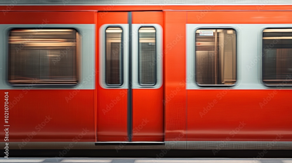Vibrant Red Train Moving Through Urban Landscape Vibrant Red Train Moving Through Urban Landscape