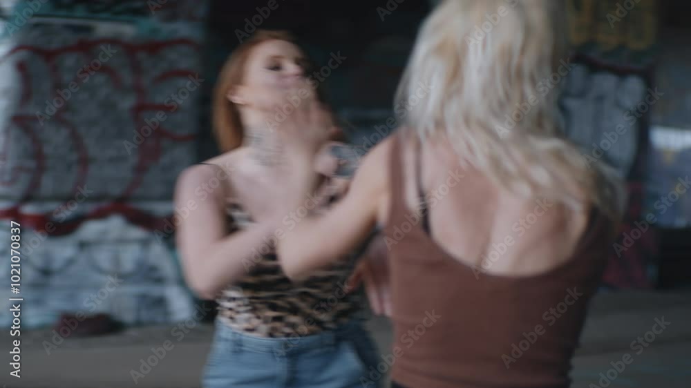 Two Women With Tattoos Fighting Each Other Against A Graffiti Backdrop Two Women With Tattoos Fighting Each Other Against A Graffiti Backdrop