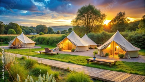 Campsite nestled in a grassy meadow with a wooden pathway leading to a group of illuminated tents under a picturesque sunset sky