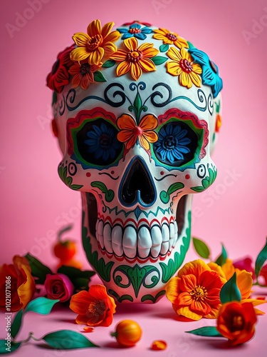 A vibrant sugar skull features intricate floral designs in bold colors set against a soft pink backdrop showcasing festive artistry halloween backdrop