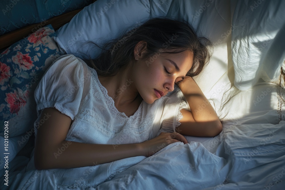 A person lying down on a bed with their eyes closed, possibly resting or sleeping A person lying down on a bed with their eyes closed, possibly resting or sleeping