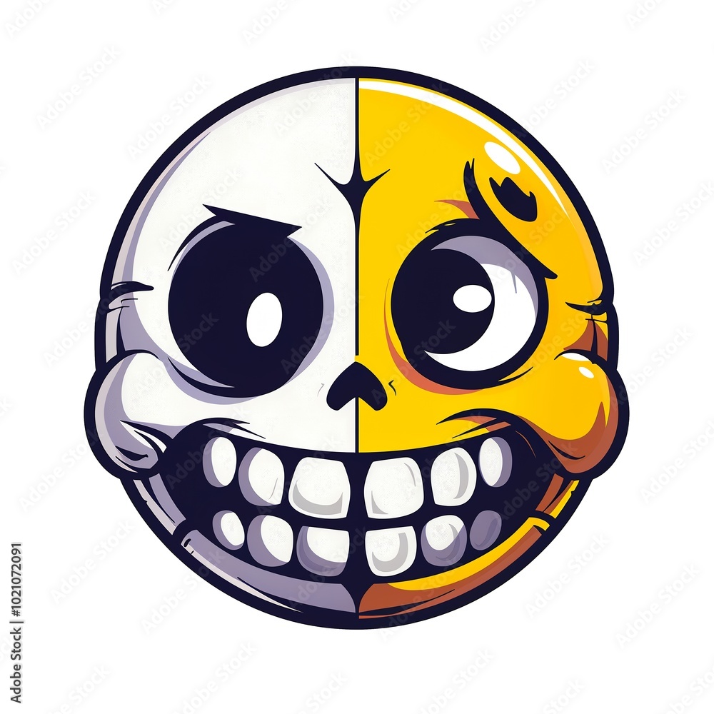 Cartoon skull smiley. TShirt Sticker. Cartoon Emoji With Double Skull Face, Creepy Evil Smile. AI generated. Cartoon skull smiley. TShirt Sticker. Cartoon Emoji With Double Skull Face, Creepy Evil Smile. AI generated.