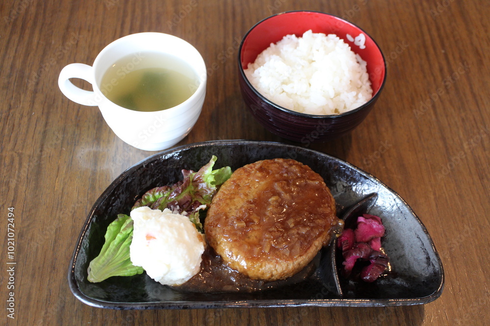 Hamburg steak with Shalyapin sauce (onion and garlic sauce) in Tokyo, Japan Hamburg steak with Shalyapin sauce (onion and garlic sauce) in Tokyo, Japan