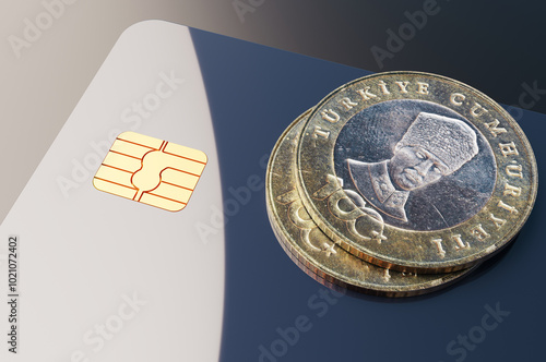 Turkish lira currency coins and credit card concept. 3d rendering illustration. photo