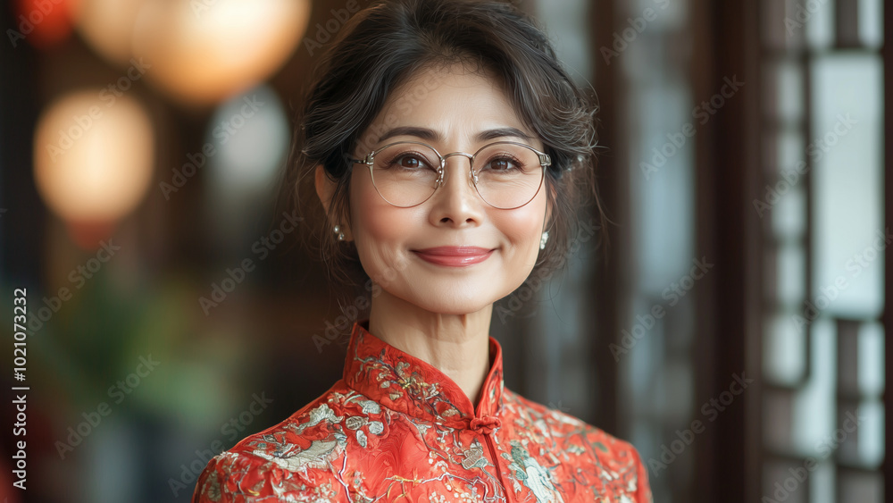 Asian Woman Historian - elderly woman, traditional dress, smiling, portrait, happiness, Asian heritage, cultural attire, glasses, elegant, warm lighting, indoor setting