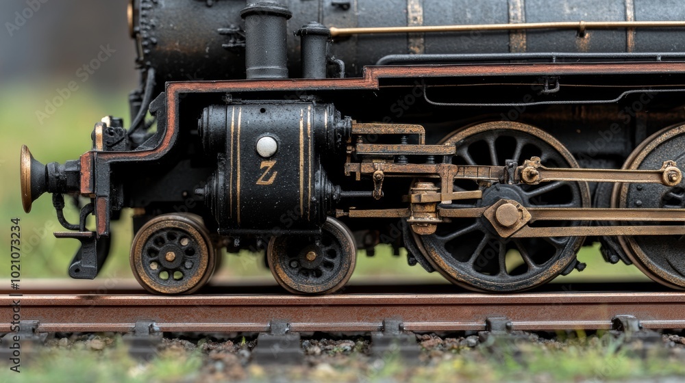 Naklejka premium Vintage Steam Locomotive on Track with Detail Focus