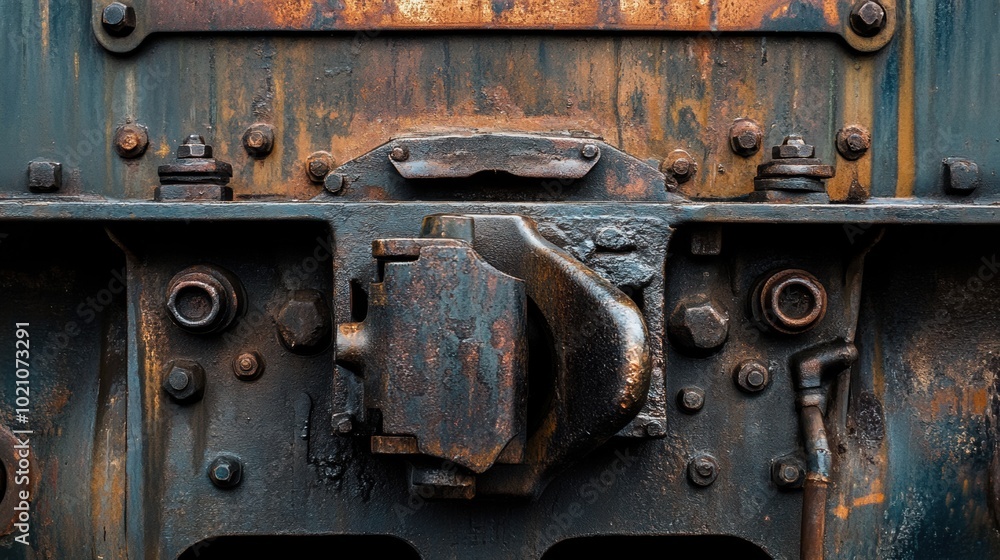 Rusty Train Coupler Detail on Metal Surface Rusty Train Coupler Detail on Metal Surface