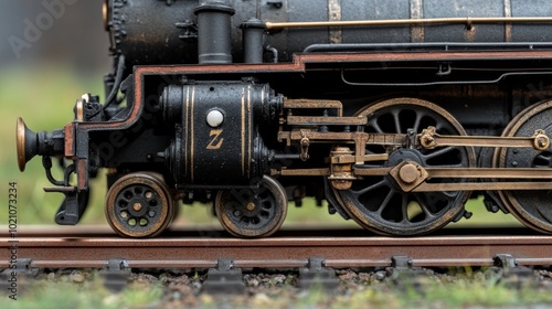 Vintage Steam Locomotive on Track with Detail Focus