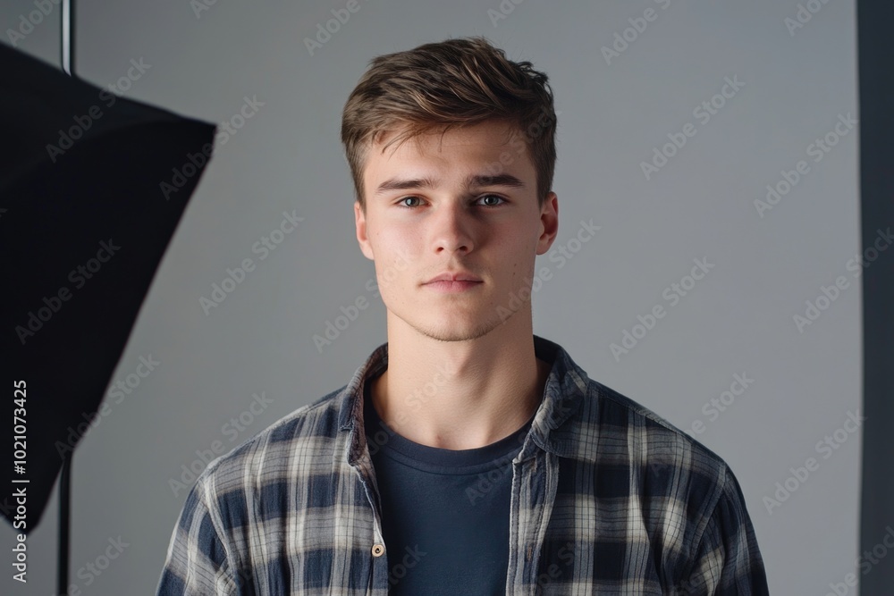 Obraz premium A person standing in front of a camera, ready for an interview or photo shoot