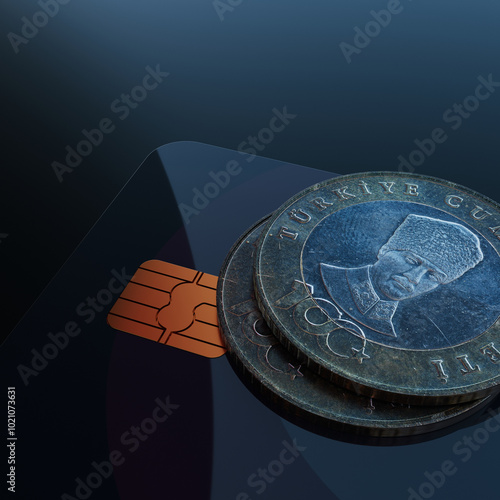 Turkish lira currency coins and credit card concept. 3d rendering illustration. photo