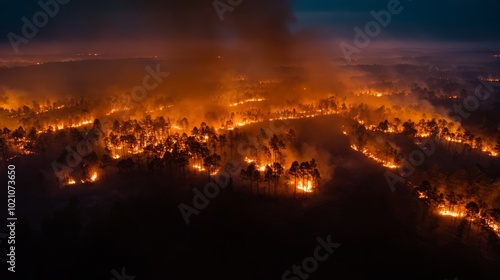 Aerial view captures a devastating wildfire engulfing a forest at night. Flames illuminate the trees, creating a haunting yet powerful scene. Thick smoke billows into the atmosphere, signaling danger.