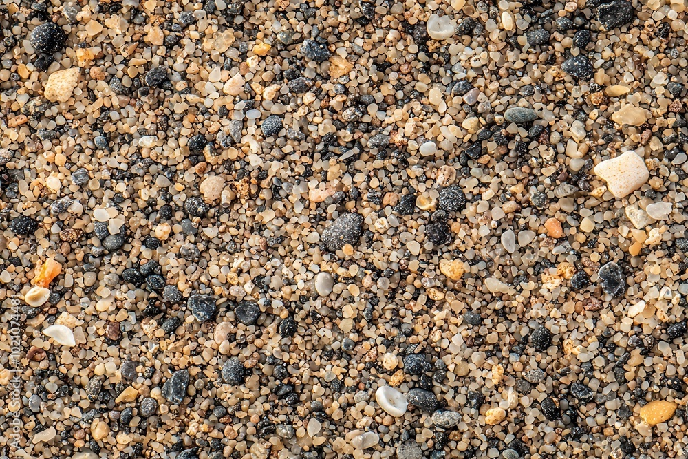 Naklejka premium Sand Textur Nahaufnahme Bunte Steine Muscheln Strand Naturmaterialien Detailreiche Struktur Küstenoptik Natürliche Farben Hintergrund Dekor Texturiertes Muster Maritimes Design Detaillierte Fotografie