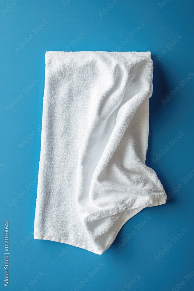 A single white towel lying on a blue surface A single white towel lying on a blue surface