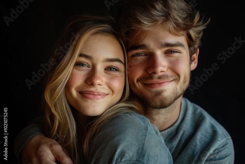 A couple smiling and posing together for a photo, possibly in a studio setting