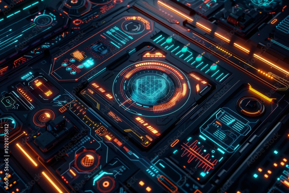 A vibrant digital circuit board illuminated by bright blue and red lights showcasing technology and innovation in a dark setting A vibrant digital circuit board illuminated by bright blue and red lights showcasing technology and innovation in a dark setting