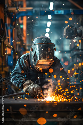 Focused Welder Creating Sparks in Industrial Workshop Amidst Metal Frameworks and Tools