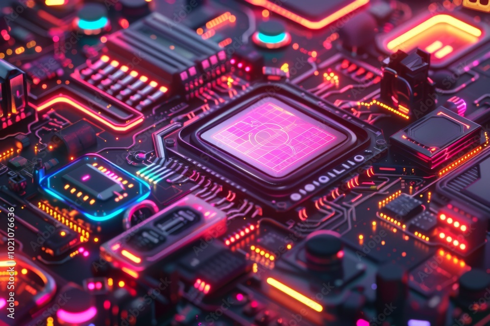A vibrant digital circuit board illuminated by bright blue and red lights showcasing technology and innovation in a dark setting A vibrant digital circuit board illuminated by bright blue and red lights showcasing technology and innovation in a dark setting