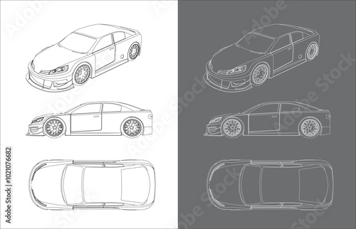 vector racing car line art draw blueprint wireframe from all view top corner side back isolated in transparent background
