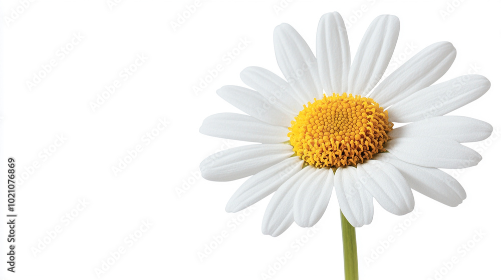Fototapeta premium Daisy flower with white petals and yellow center, isolated on white background.