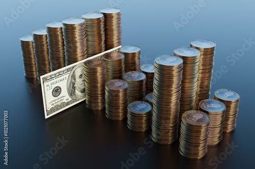 Turkish lira coins and us dollar paper bill. Lira to dollar exchange rate concept. 3d rendering illustration. photo