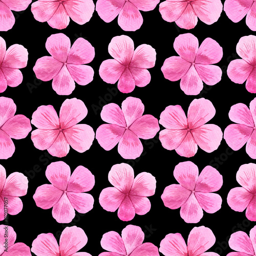 Watercolour pink delicate flowers illustration seamless pattern. On black background. Drawn Botanical. Hand painted floral flower. Summer, spring vibes print. For fabric, wallpaper, wrapping.