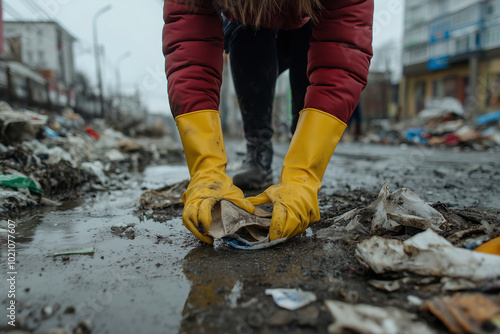 A volunteer in rubber gloves cleans up trash in the city. Volunteers Day