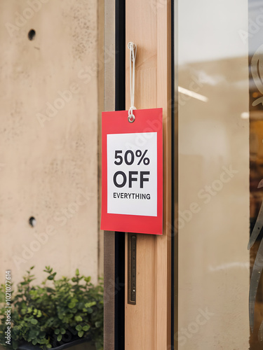 Etiqueta de venta roja colgada en la puerta de una tienda minorista 