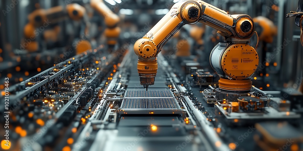 Robotic arms assemble circuit boards in an automated factory setting Robotic arms assemble circuit boards in an automated factory setting