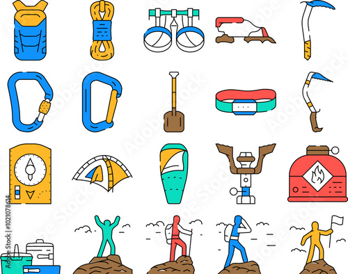 mountaineering tool sport icons set vector. adventure climbing, extreme equipment, climber activity, alpinism hiking, rope mountaineering tool sport color Contour Illustrations