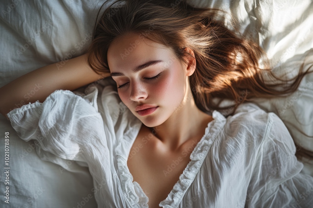 A person relaxing in bed with their eyes closed, ideal for representing rest and relaxation A person relaxing in bed with their eyes closed, ideal for representing rest and relaxation