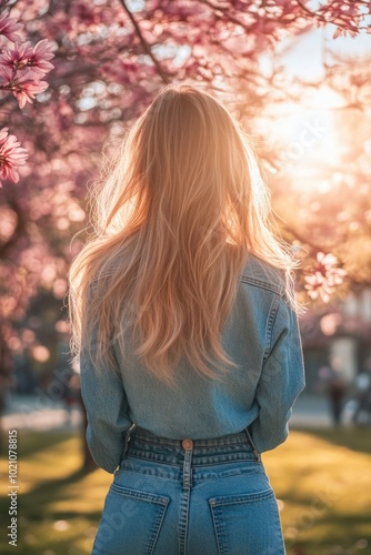 A woman stands in front of a tree with vibrant pink flowers, a peaceful scene