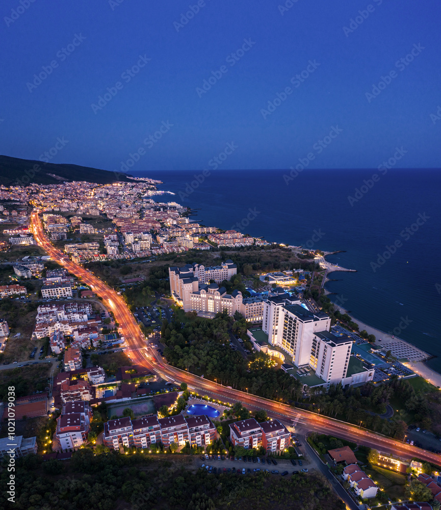 Fototapeta premium Aerial view to a sea resort Sunny Beach on Black sea, Bulgaria at night
