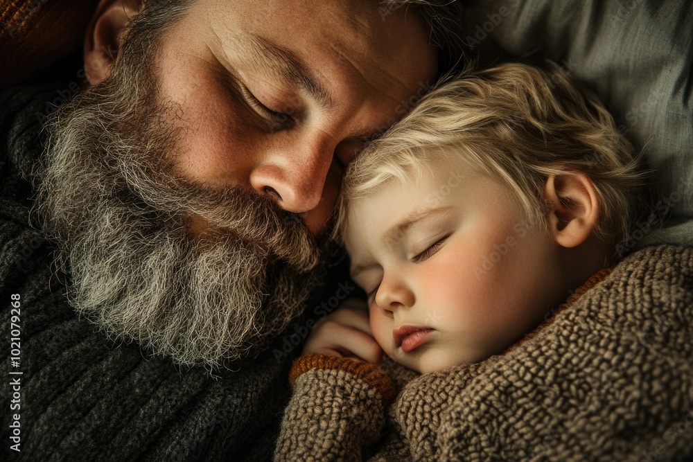 A father and child resting peacefully on a bed, great for family-themed projects A father and child resting peacefully on a bed, great for family-themed projects