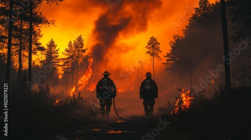 Two firefighters confronting a raging forest fire. The dramatic backdrop of flames and smoke highlights their bravery and commitment. It emphasizes the urgency of wildfire response.